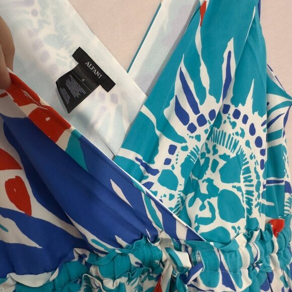 Sleeveless Silk-Inspired Dress with Blue & Orange Botanical Pattern  (SIZE 6) - Picture 7 of 16